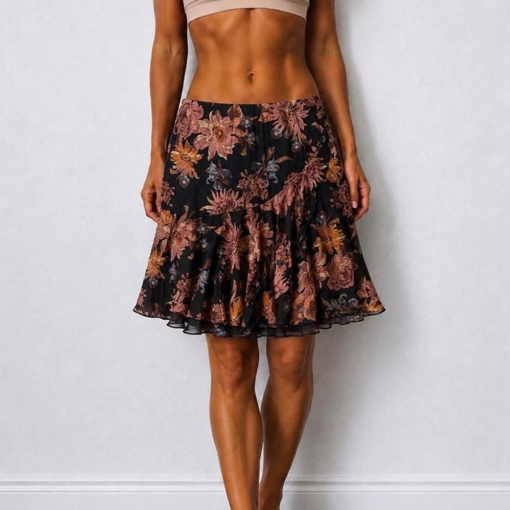 Vintage RALPH LAUREN 100% Silk Black Floral Ruffle Fall Midi Skirt Size 8 Medium